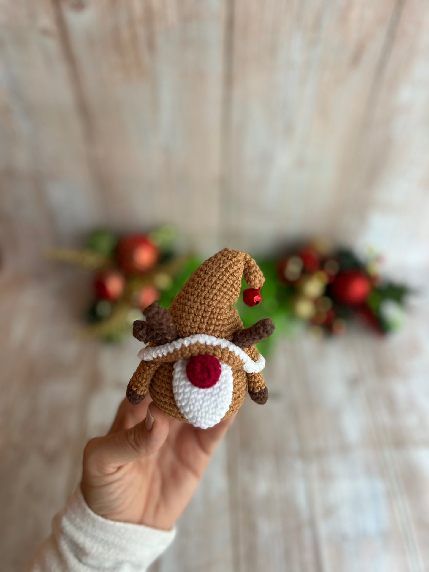 Christmas Gnome Ornament, Handmade Crochet Gnome Ornament with Festive Reindeer Hat, Christmas Ornament - Festive Gnome Decor, Gnome Christmas Tree Ornament - Handmade Gnome Charm, Perfect for Gnome Lovers, Christmas Reindeer Hat