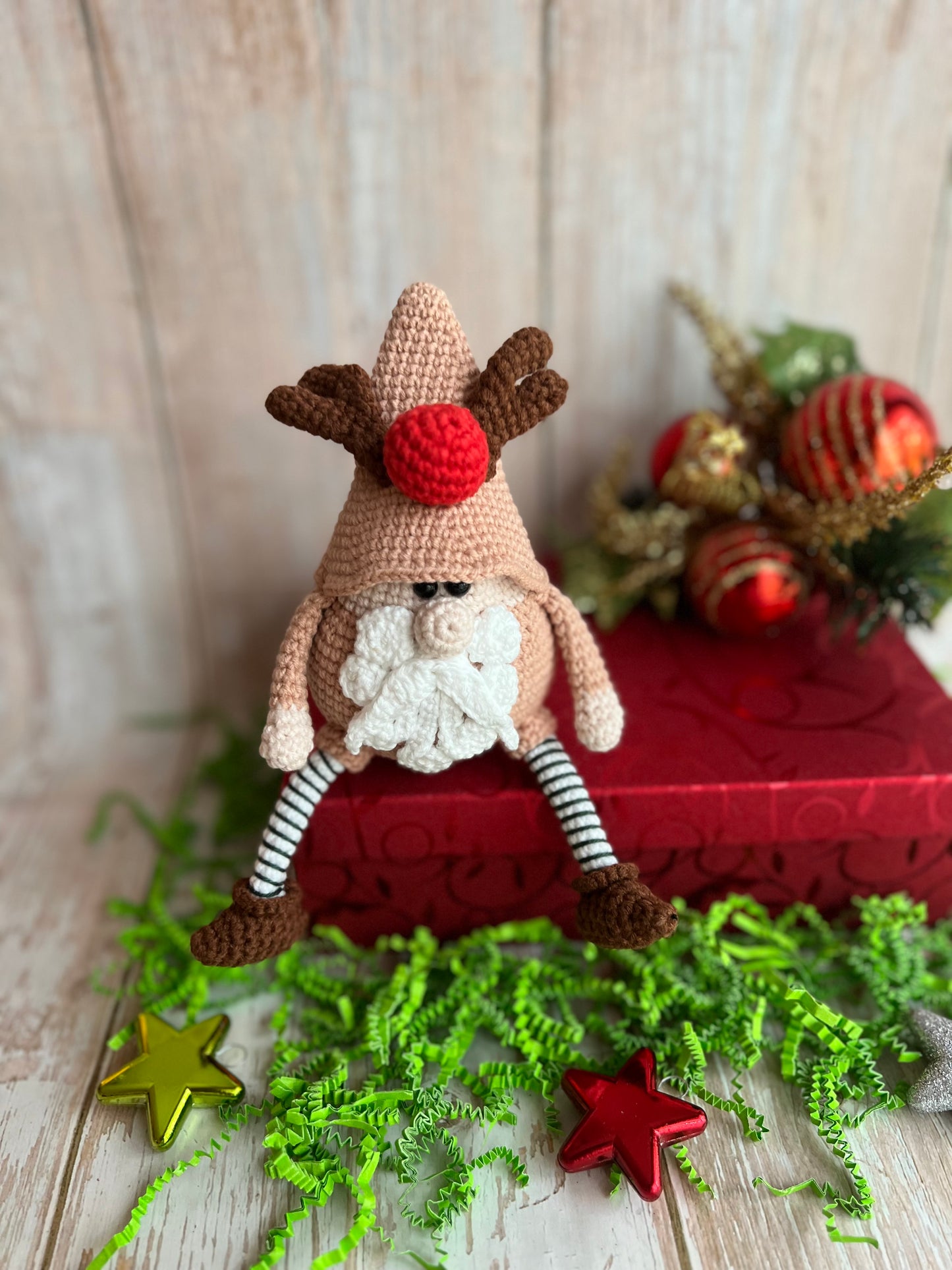 Siting Christmas Gnome Home Decor, Handmade Crochet Gnome  with Festive Reindeer Hat, Perfect for Gnome Lovers, Christmas Reindeer Hat