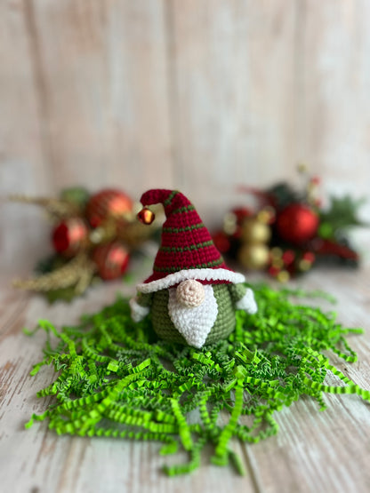 Christmas Gnome Ornament, Handmade Crochet Gnome Ornament with Festive Green & Red Striped Hat, Christmas Ornament - Festive Gnome Decor, Gnome Christmas Tree Ornament - Handmade Gnome Charm, Perfect for Gnome Lovers