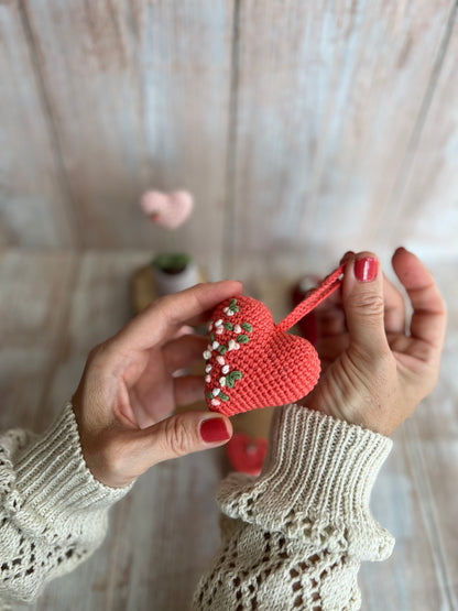 Handmade Embroidered Crochet Heart Decor, Hangable Hearts, Floral Plush Hearts, Valentines Gift Idea, Unique Handmade Gift, Readymade