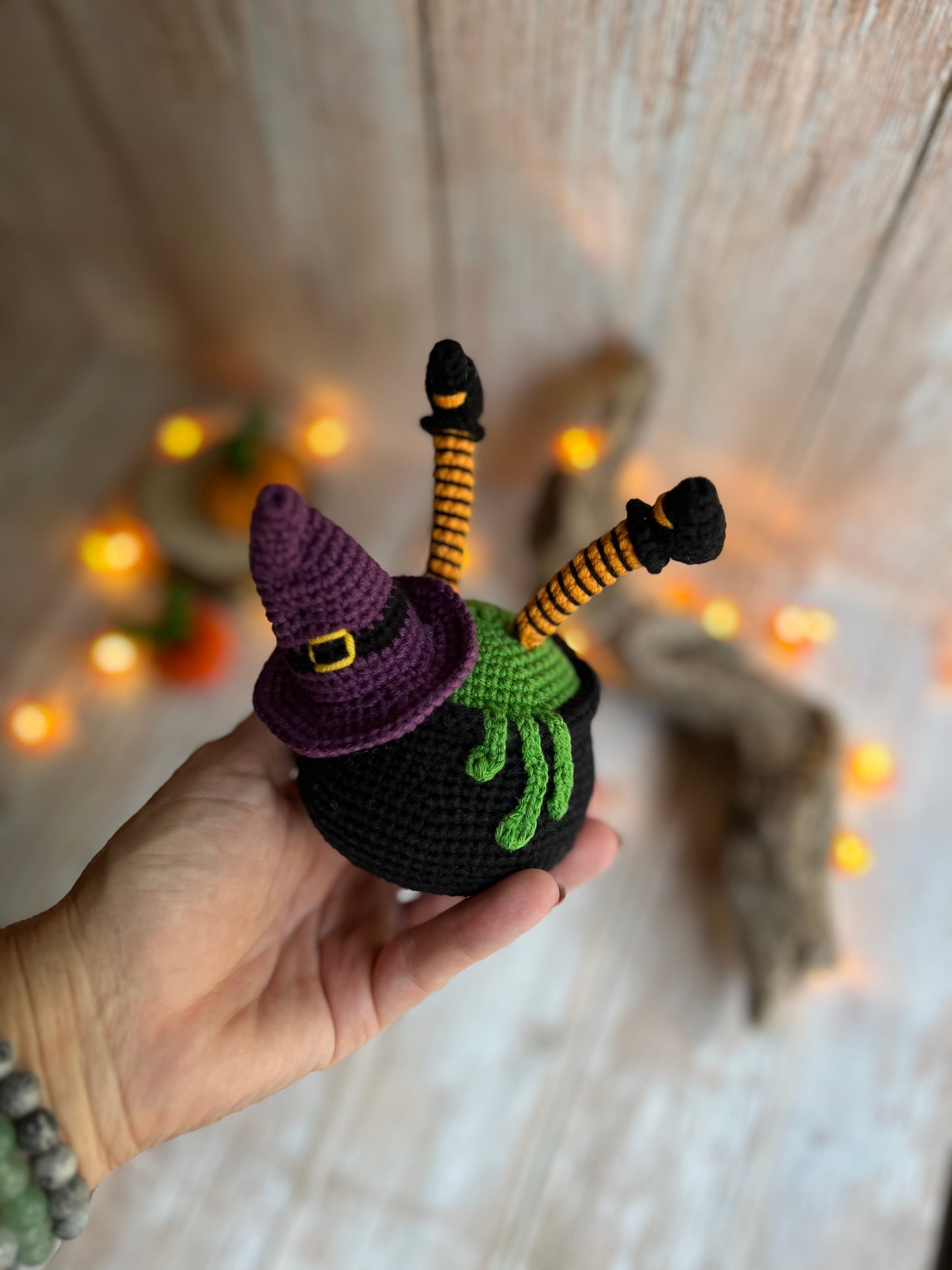 Upside-Down Witch in Cauldron Crochet Decor, Handmade Witch in Cauldron Crochet Display, Crocheted Witch Legs in Cauldron Halloween Decor, Uniqe Ready Made Halloween Decor