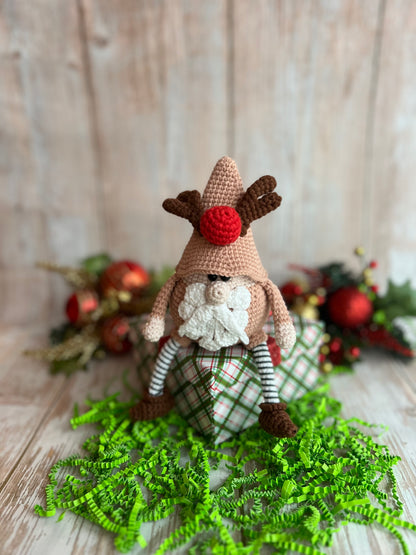 Siting Christmas Gnome Home Decor, Handmade Crochet Gnome  with Festive Reindeer Hat, Perfect for Gnome Lovers, Christmas Reindeer Hat