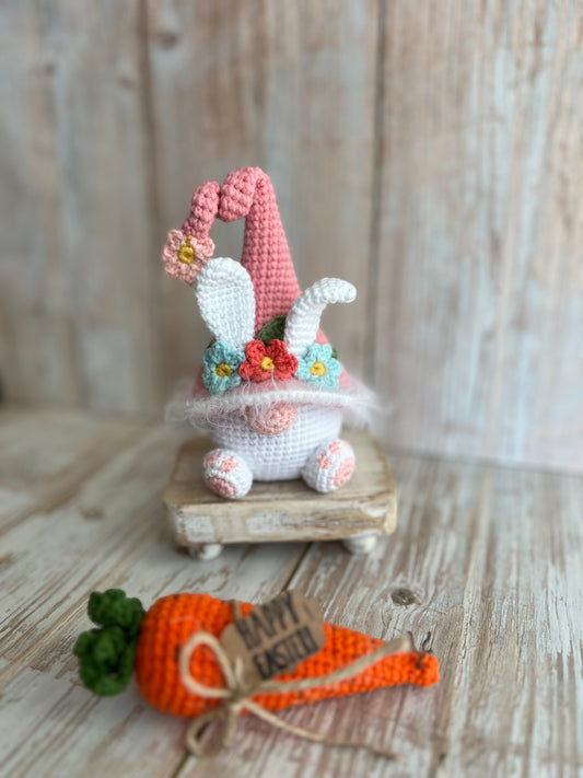 Handmade Easter Bunny Gnome, Crochet Spring Decoration with Floral Hat