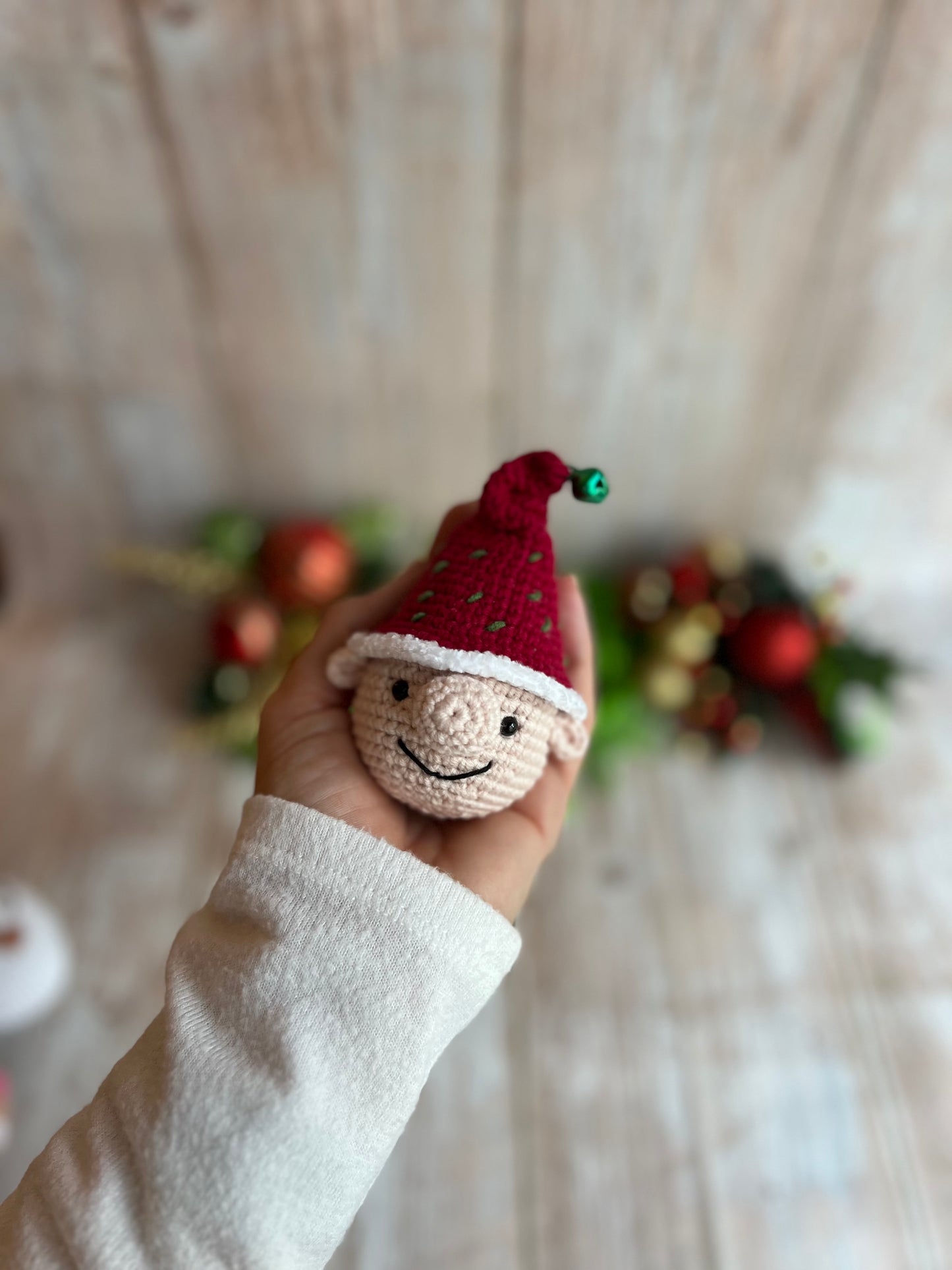 Handmade Crochet Elf Ornament with Festive Red Hat, Christmas Ornament - Festive Elf Decor, Elf Christmas Tree Ornament - Handmade Elf Charm, Perfect for Elf Lovers