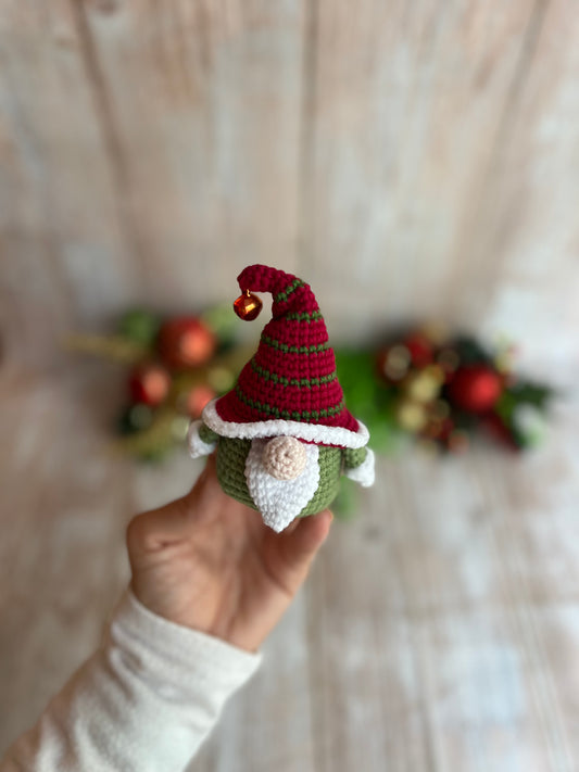 Christmas Gnome Ornament, Handmade Crochet Gnome Ornament with Festive Green & Red Striped Hat, Christmas Ornament - Festive Gnome Decor, Gnome Christmas Tree Ornament - Handmade Gnome Charm, Perfect for Gnome Lovers