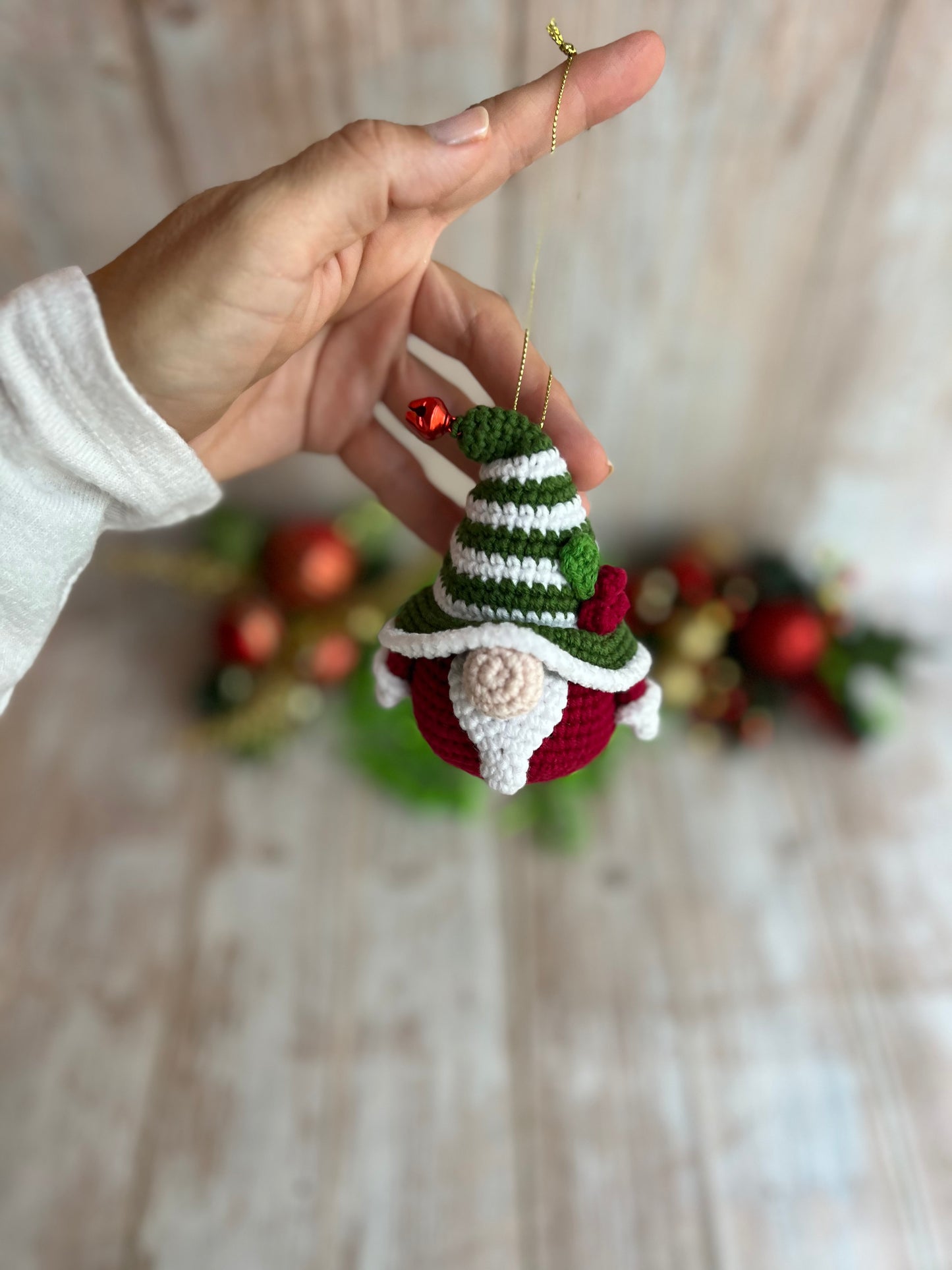 Christmas Gnome Ornament, Handmade Crochet Gnome Ornament with Festive Green & White Striped Hat, Christmas Ornament - Festive Gnome Decor, Gnome Christmas Tree Ornament - Handmade Gnome Charm, Perfect for Gnome Lovers