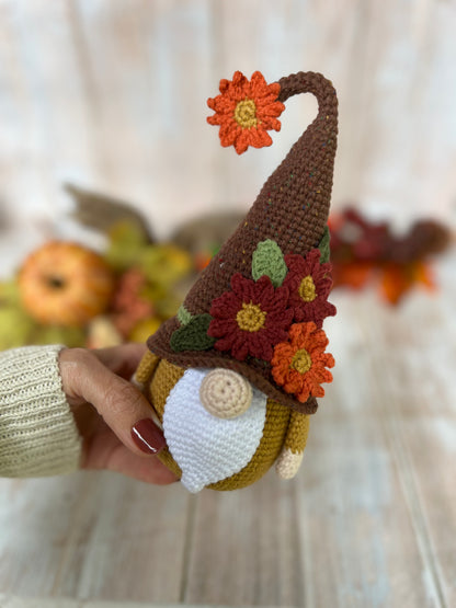 Harvest the Fall Gnome with Brown Hat and Flowers, Handmade Fall Decor, Ready Made, Unique Fall Gnome