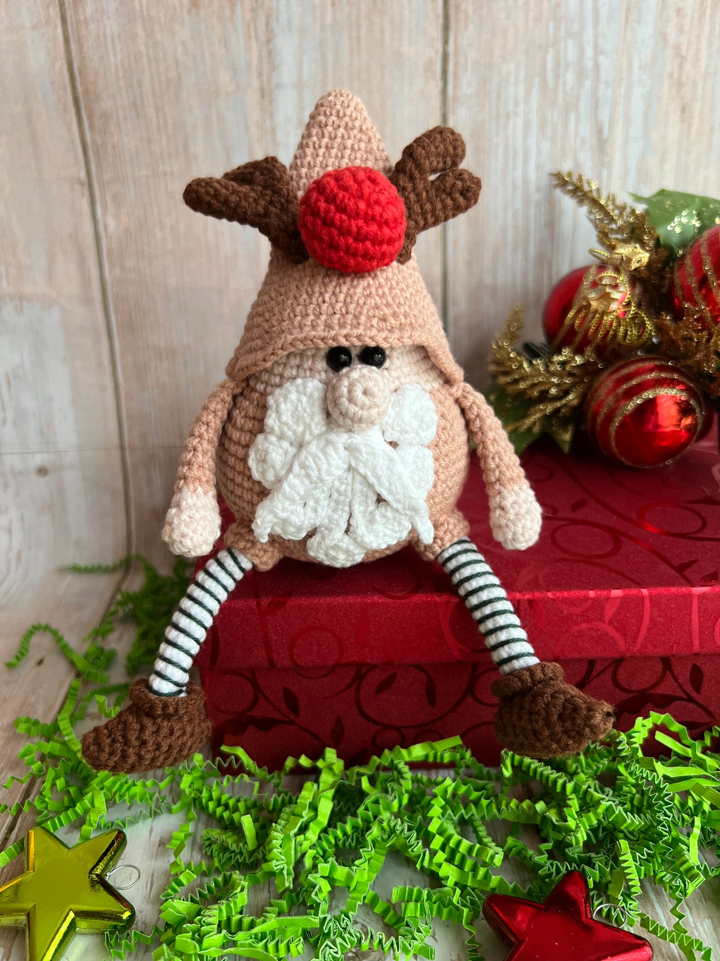 Siting Christmas Gnome Home Decor, Handmade Crochet Gnome  with Festive Reindeer Hat, Perfect for Gnome Lovers, Christmas Reindeer Hat