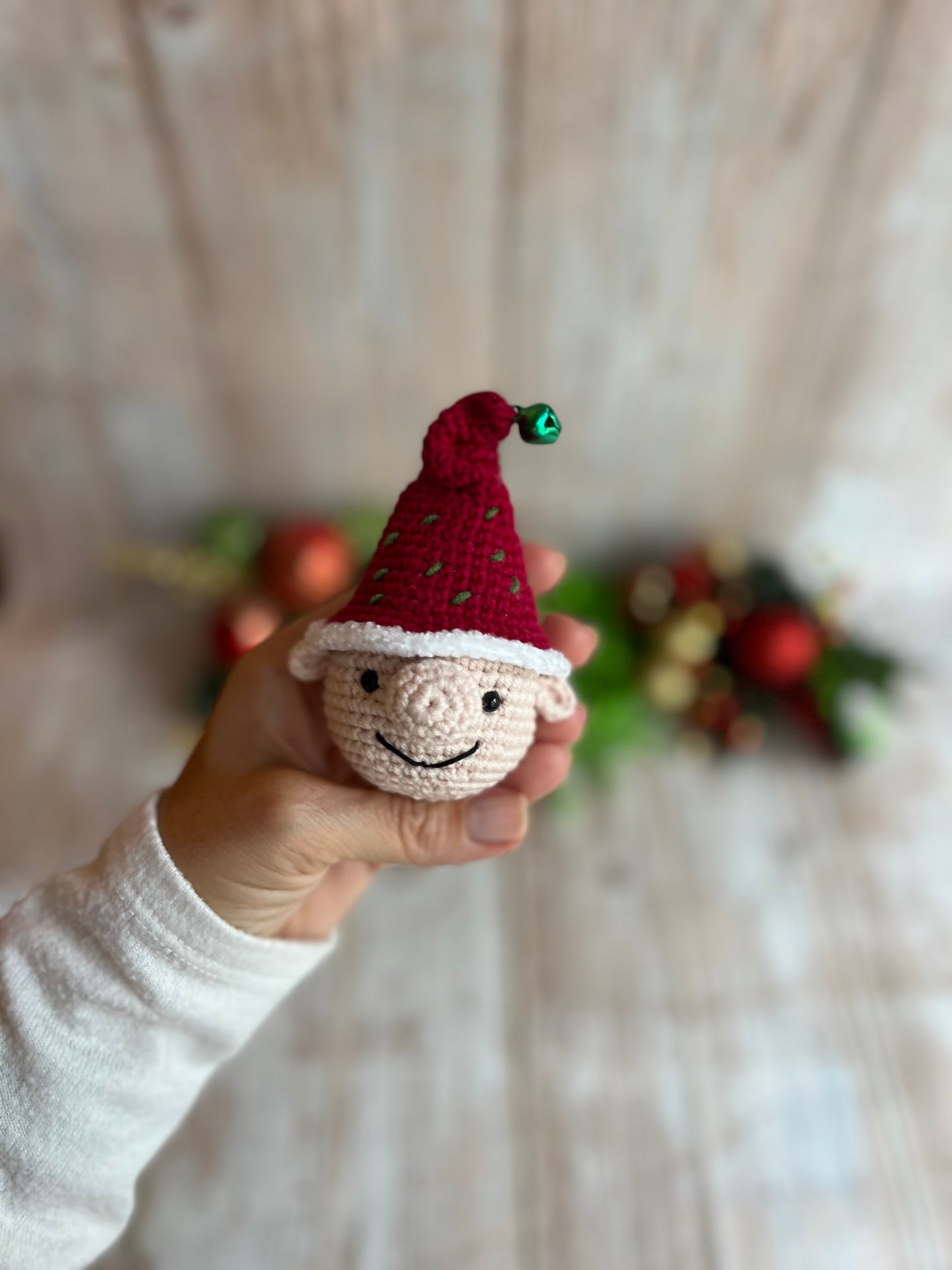 Handmade Crochet Elf Ornament with Festive Red Hat, Christmas Ornament - Festive Elf Decor, Elf Christmas Tree Ornament - Handmade Elf Charm, Perfect for Elf Lovers