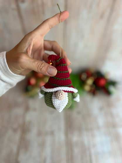 Christmas Gnome Ornament, Handmade Crochet Gnome Ornament with Festive Green & Red Striped Hat, Christmas Ornament - Festive Gnome Decor, Gnome Christmas Tree Ornament - Handmade Gnome Charm, Perfect for Gnome Lovers