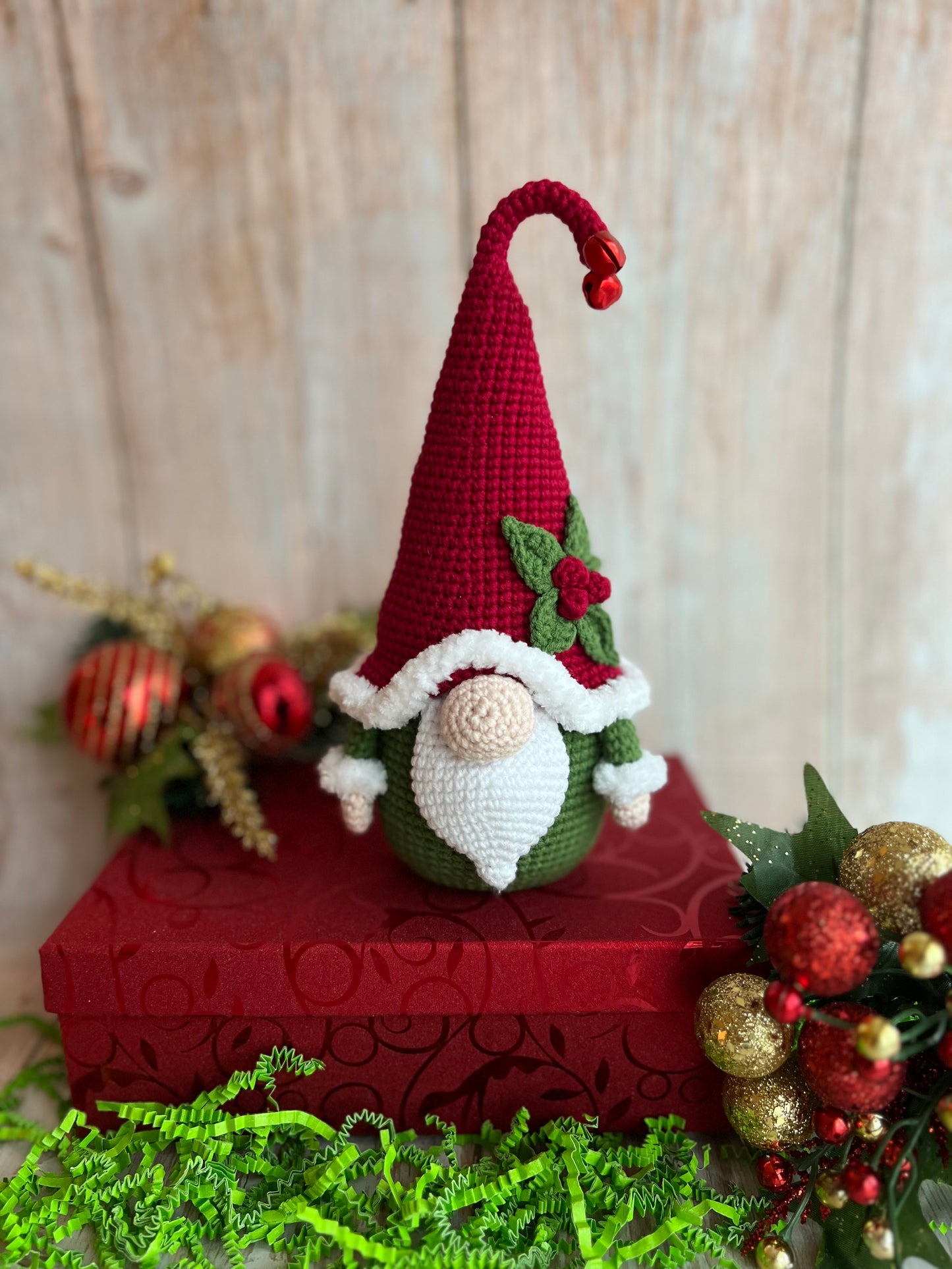 Christmas Gnome,Handmade Christmas Gnome with Holly Accent, Unique Christmas Gnome, Christmas Decor, Hand Crafted, Adorable Crochet Christmas Gnome for Festive Decor