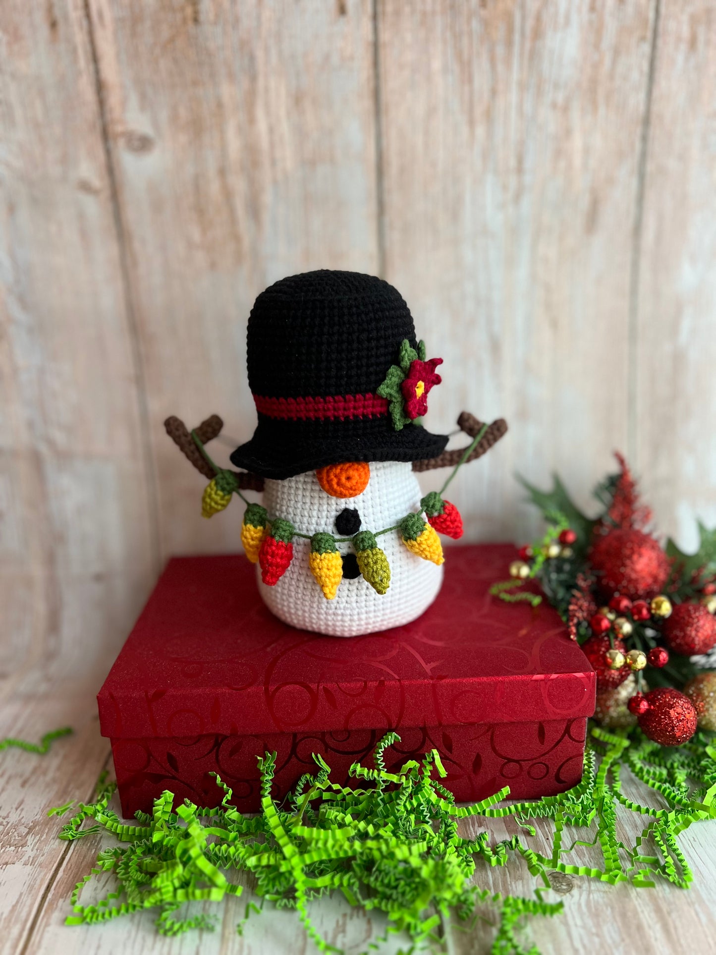 Frosty Lights the Festive Snowman - Crochet Snowman with Christmas Lights Garland, Unique Christmas Decor, Handmade Christmas Decor, Holiday Gift, Crochet Snowman with Festive Lights and Hat