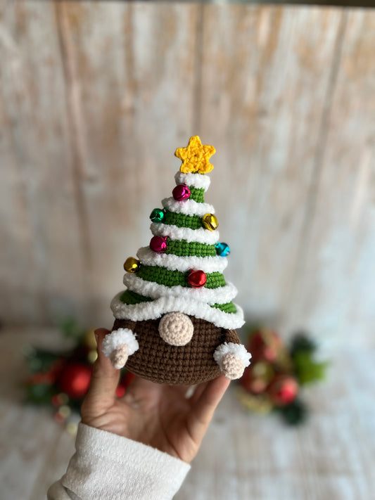 Christmas Tree Gnome with Colorful Bell Ornaments and Star Topper, Unique Holiday Decor, Handmade Christmas Tree