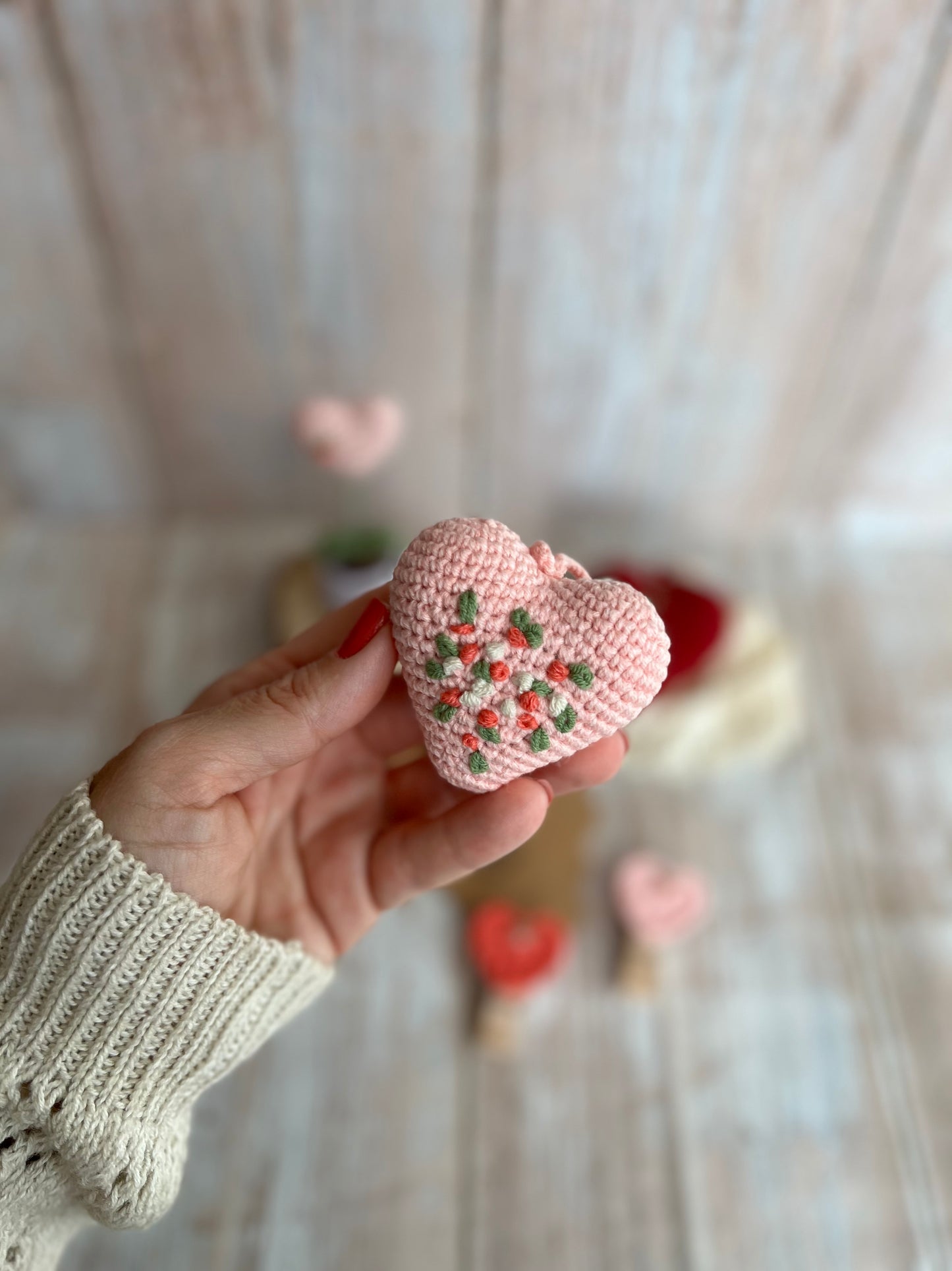 Handmade Embroidered Crochet Heart Decor, Hangable Hearts, Floral Plush Hearts, Valentines Gift Idea, Unique Handmade Gift, Readymade