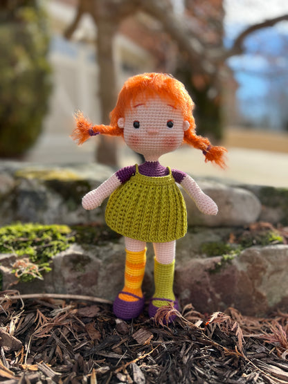 Crocheted Doll with Orange  Hair Braids, Pippi Longstocking, Amigurumi Handmade Doll, Hand Crafted, Unique Collectible Doll,  Kids Gifts, Artisan Doll, Limited Edition Baby Dolls