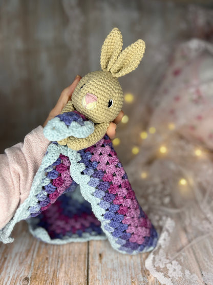 Bunny Lovey Blanket, Handmade Bunny Lovey, Readymade, Handcrafted Snuggler, Handmade Toys, Custom Baby Gifts, Artisan Crochet Toys, Artisanal Baby Shower Presents