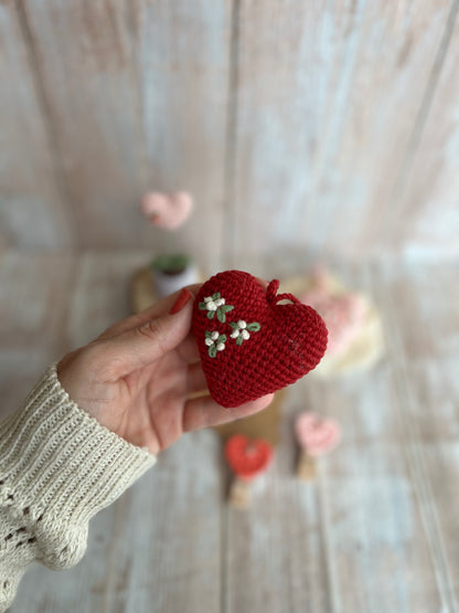 Handmade Embroidered Crochet Heart Decor, Hangable Hearts, Floral Plush Hearts, Valentines Gift Idea, Unique Handmade Gift, Readymade