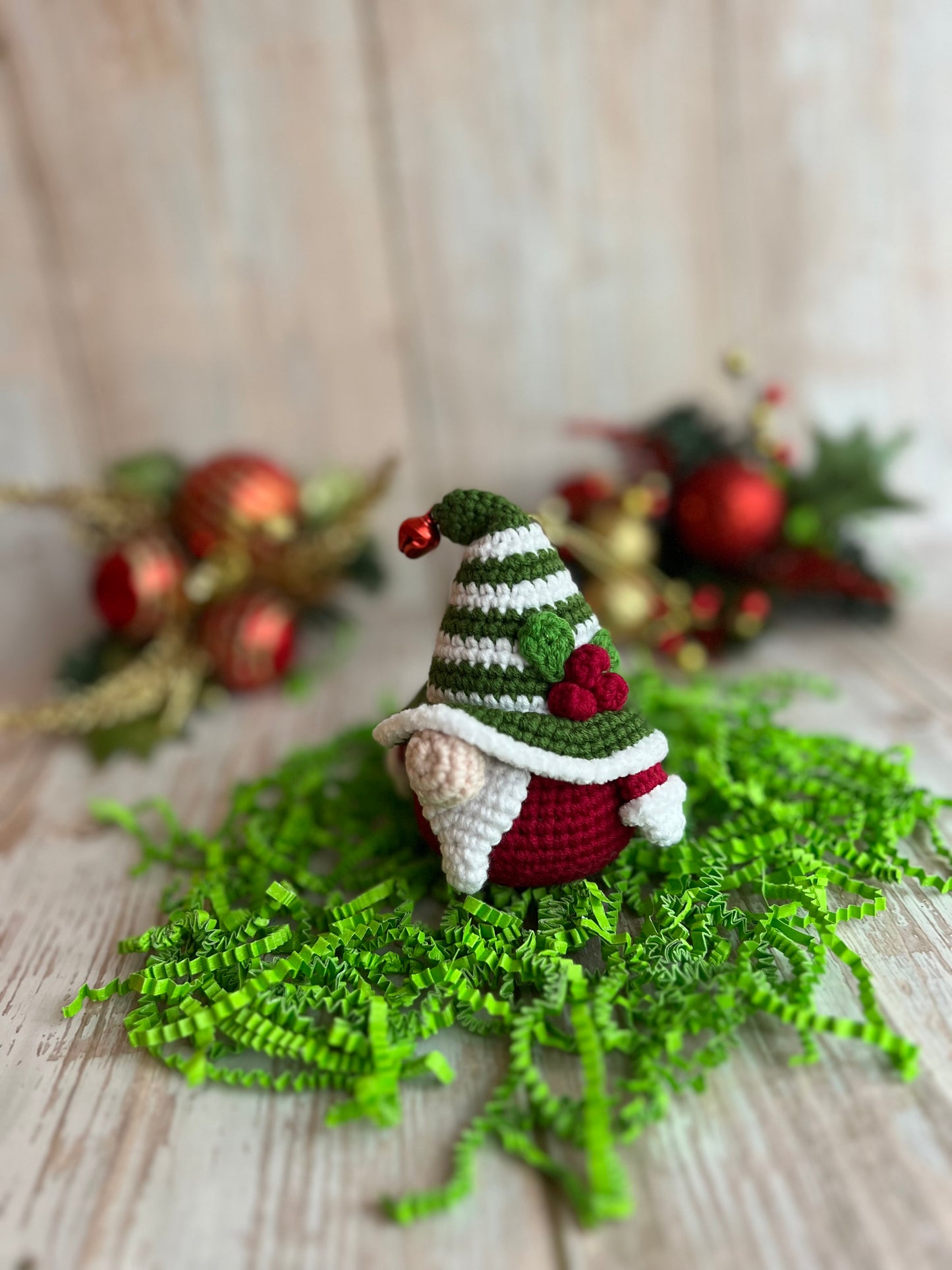 Christmas Gnome Ornament, Handmade Crochet Gnome Ornament with Festive Green & White Striped Hat, Christmas Ornament - Festive Gnome Decor, Gnome Christmas Tree Ornament - Handmade Gnome Charm, Perfect for Gnome Lovers