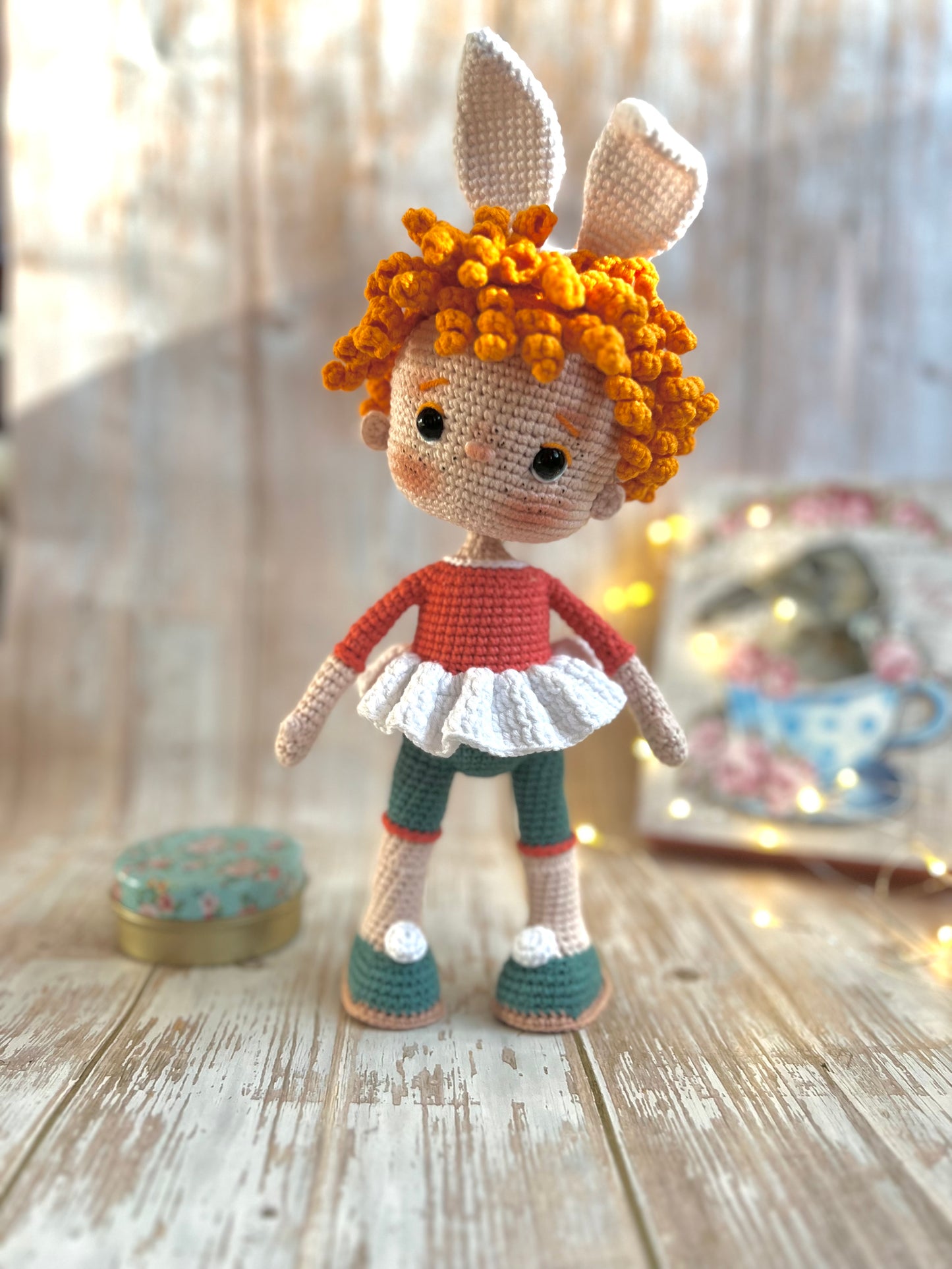 Bunny Girl, Crocheted Girl with Bunny Headband, Readymade Amigurumi Doll, Handcrafted, Kids Gifts, Artisan Doll, Limited Edition Baby Dolls, Collectible Handmade