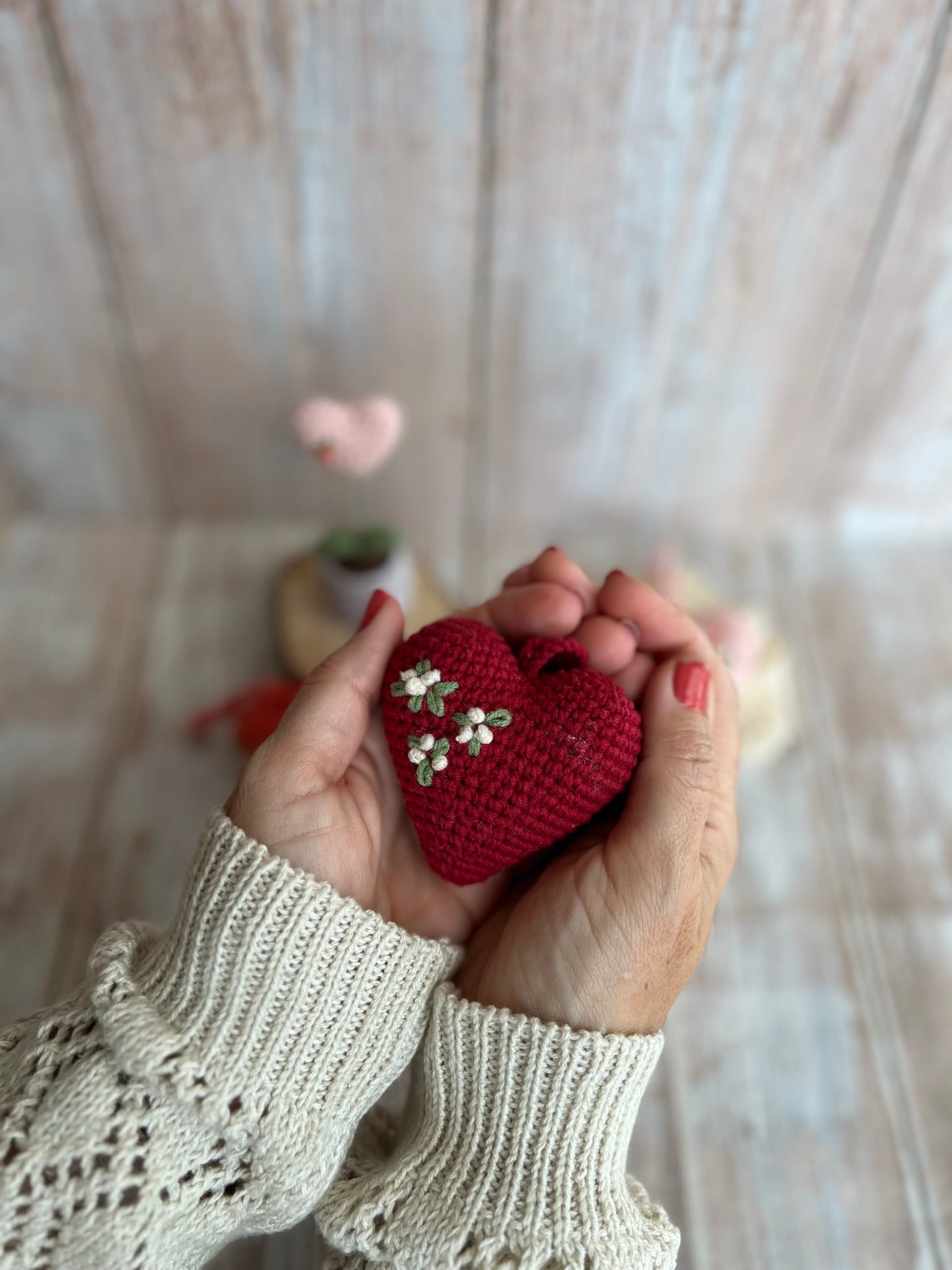 Handmade Embroidered Crochet Heart Decor, Hangable Hearts, Floral Plush Hearts, Valentines Gift Idea, Unique Handmade Gift, Readymade