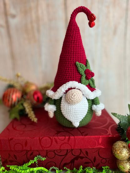 Christmas Gnome,Handmade Christmas Gnome with Holly Accent, Unique Christmas Gnome, Christmas Decor, Hand Crafted, Adorable Crochet Christmas Gnome for Festive Decor