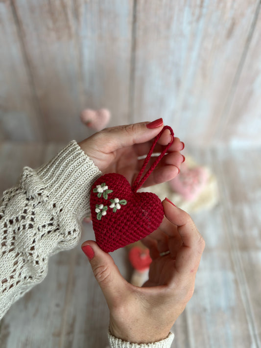 Handmade Embroidered Crochet Heart Decor, Hangable Hearts, Floral Plush Hearts, Valentines Gift Idea, Unique Handmade Gift, Readymade