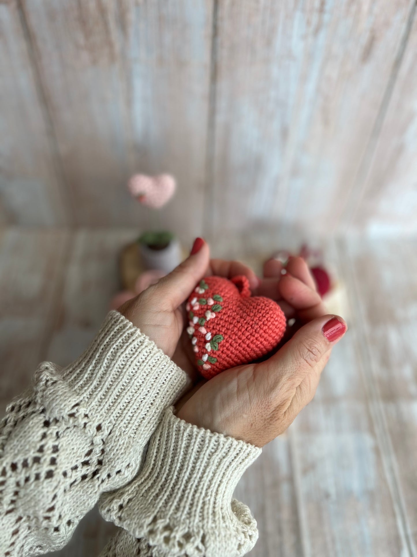 Handmade Embroidered Crochet Heart Decor, Hangable Hearts, Floral Plush Hearts, Valentines Gift Idea, Unique Handmade Gift, Readymade