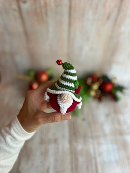 Christmas Gnome Ornament, Handmade Crochet Gnome Ornament with Festive Green & White Striped Hat, Christmas Ornament - Festive Gnome Decor, Gnome Christmas Tree Ornament - Handmade Gnome Charm, Perfect for Gnome Lovers