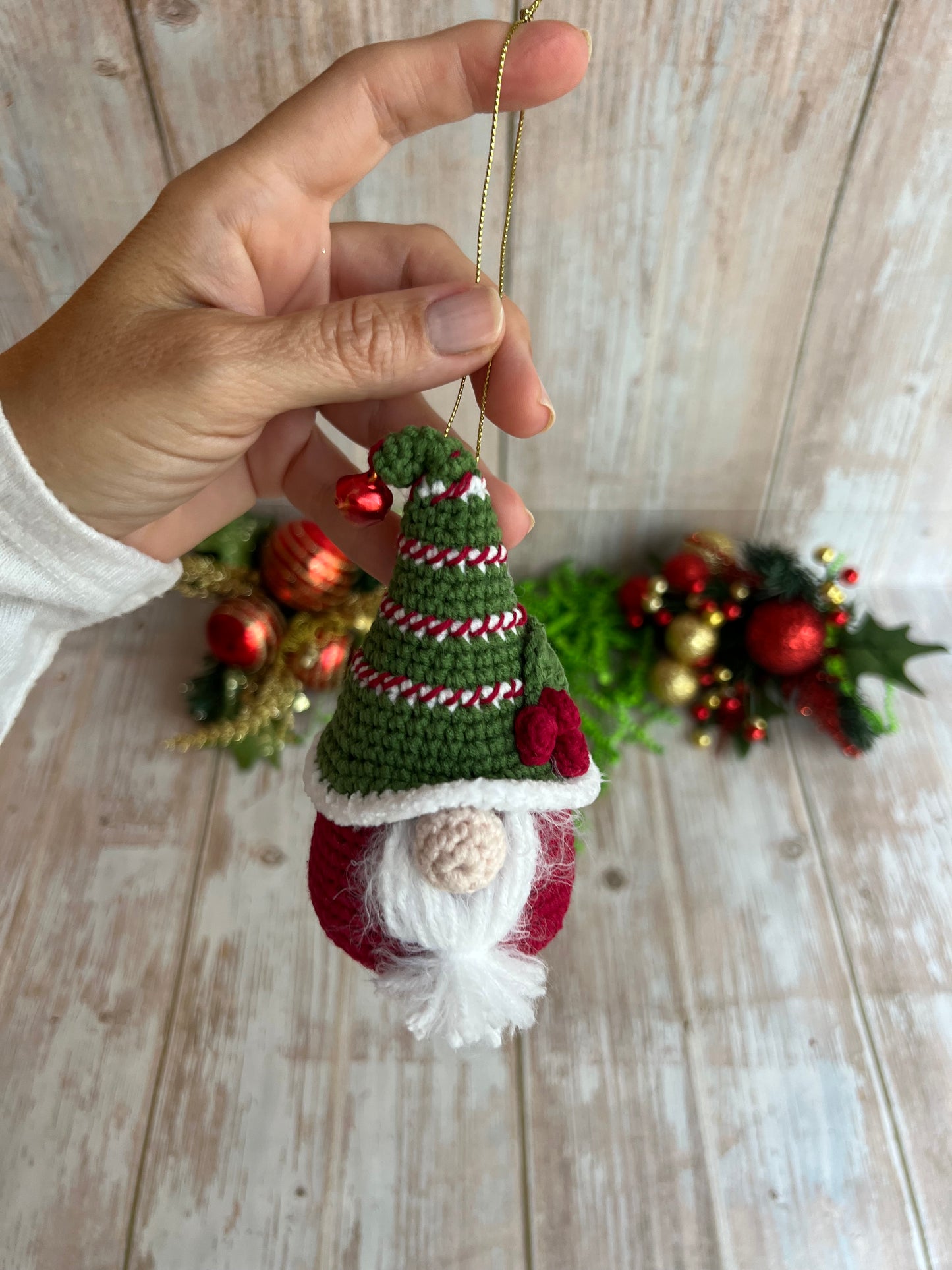 Christmas Gnome Ornament, Handmade Crochet Gnome Ornament with Festive Green Hat, Christmas Ornament - Festive Gnome Decor, Gnome Christmas Tree Ornament - Handmade Gnome Charm, Perfect for Gnome Lovers