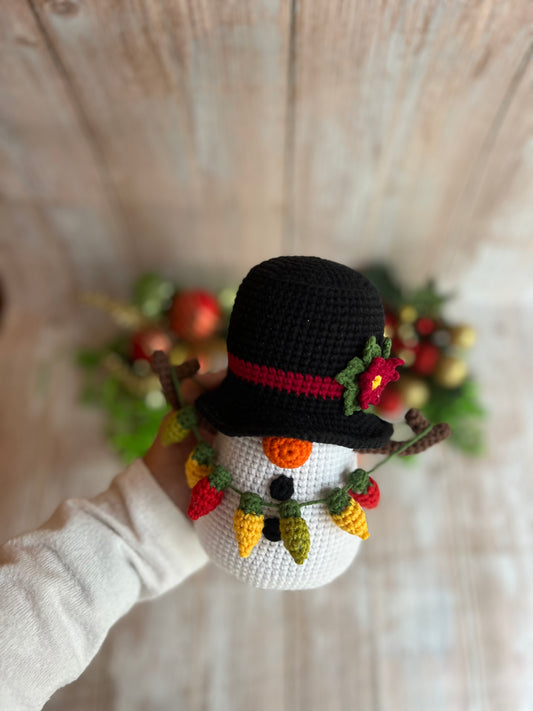 Frosty Lights the Festive Snowman - Crochet Snowman with Christmas Lights Garland, Unique Christmas Decor, Handmade Christmas Decor, Holiday Gift, Crochet Snowman with Festive Lights and Hat