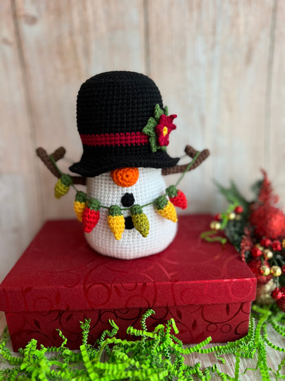 Frosty Lights the Festive Snowman - Crochet Snowman with Christmas Lights Garland, Unique Christmas Decor, Handmade Christmas Decor, Holiday Gift, Crochet Snowman with Festive Lights and Hat