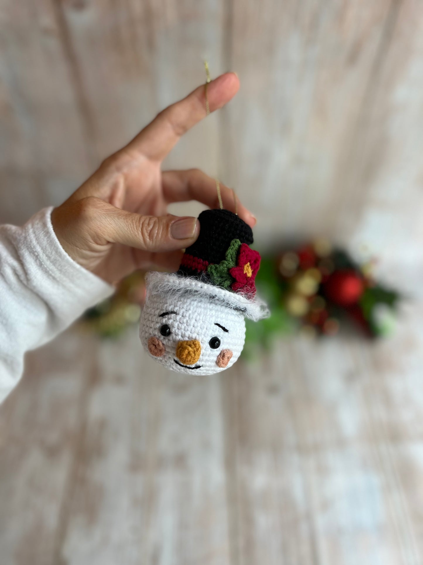 Handmade Crochet Snowman Ornament with Festive Black Hat, Christmas Ornament - Festive Snowman Decor, Snowman Christmas Tree Ornament - Handmade Snowman Charm, Perfect for Snowman Lovers