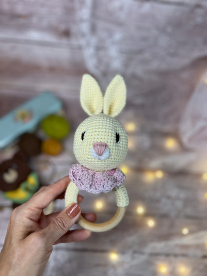 Bunny Rattle, Handmade Bunny Rattle, Readymade, Handcrafted, Handmade Toys, Custom Baby Gifts, Artisan Crochet Toys, Artisanal Baby Shower Presents