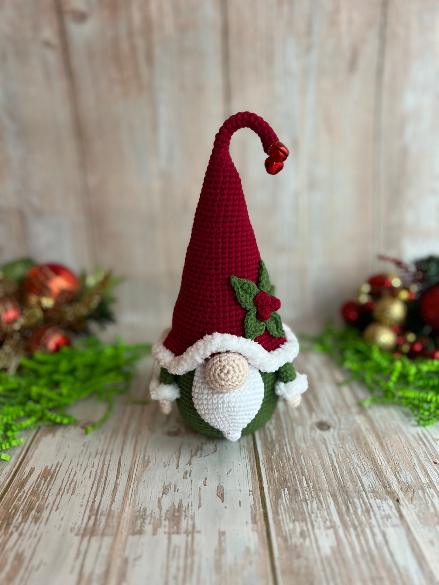 Christmas Gnome,Handmade Christmas Gnome with Holly Accent, Unique Christmas Gnome, Christmas Decor, Hand Crafted, Adorable Crochet Christmas Gnome for Festive Decor