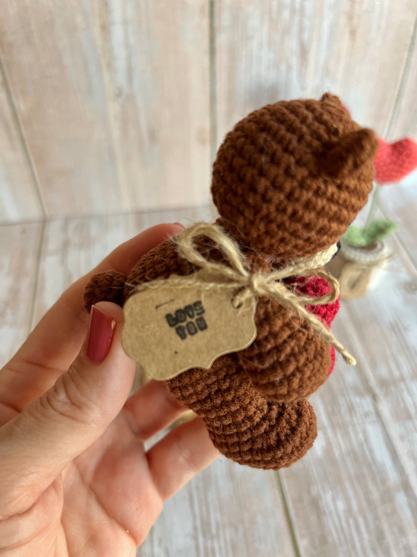 Handmade Crochet Teddy Bear with Red Heart – Perfect Valentine’s Day Gift, Handcrafted, Readymade, Unique Gift for Anniversary