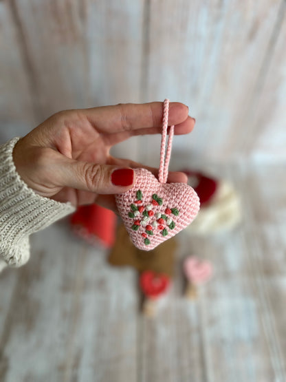 Handmade Embroidered Crochet Heart Decor, Hangable Hearts, Floral Plush Hearts, Valentines Gift Idea, Unique Handmade Gift, Readymade