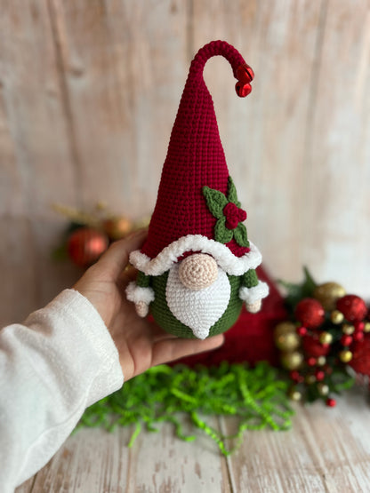 Christmas Gnome,Handmade Christmas Gnome with Holly Accent, Unique Christmas Gnome, Christmas Decor, Hand Crafted, Adorable Crochet Christmas Gnome for Festive Decor