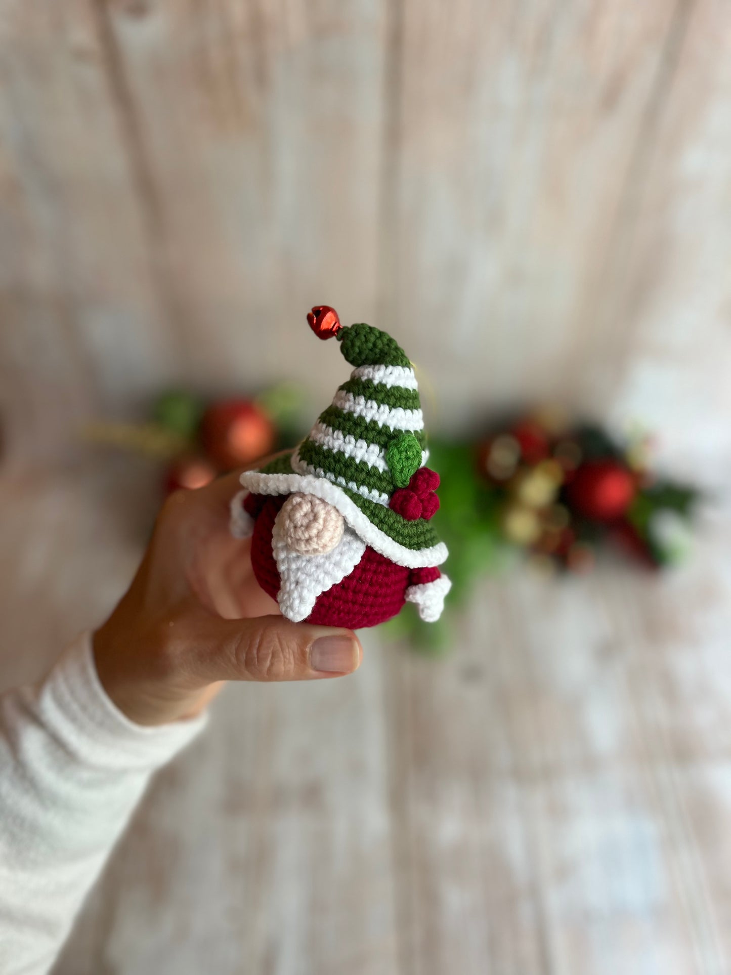 Christmas Gnome Ornament, Handmade Crochet Gnome Ornament with Festive Green & White Striped Hat, Christmas Ornament - Festive Gnome Decor, Gnome Christmas Tree Ornament - Handmade Gnome Charm, Perfect for Gnome Lovers