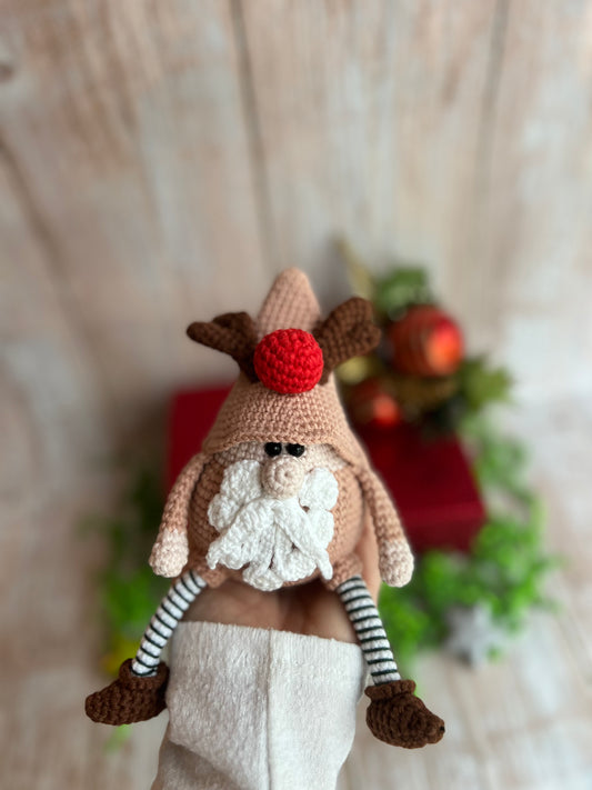 Siting Christmas Gnome Home Decor, Handmade Crochet Gnome  with Festive Reindeer Hat, Perfect for Gnome Lovers, Christmas Reindeer Hat