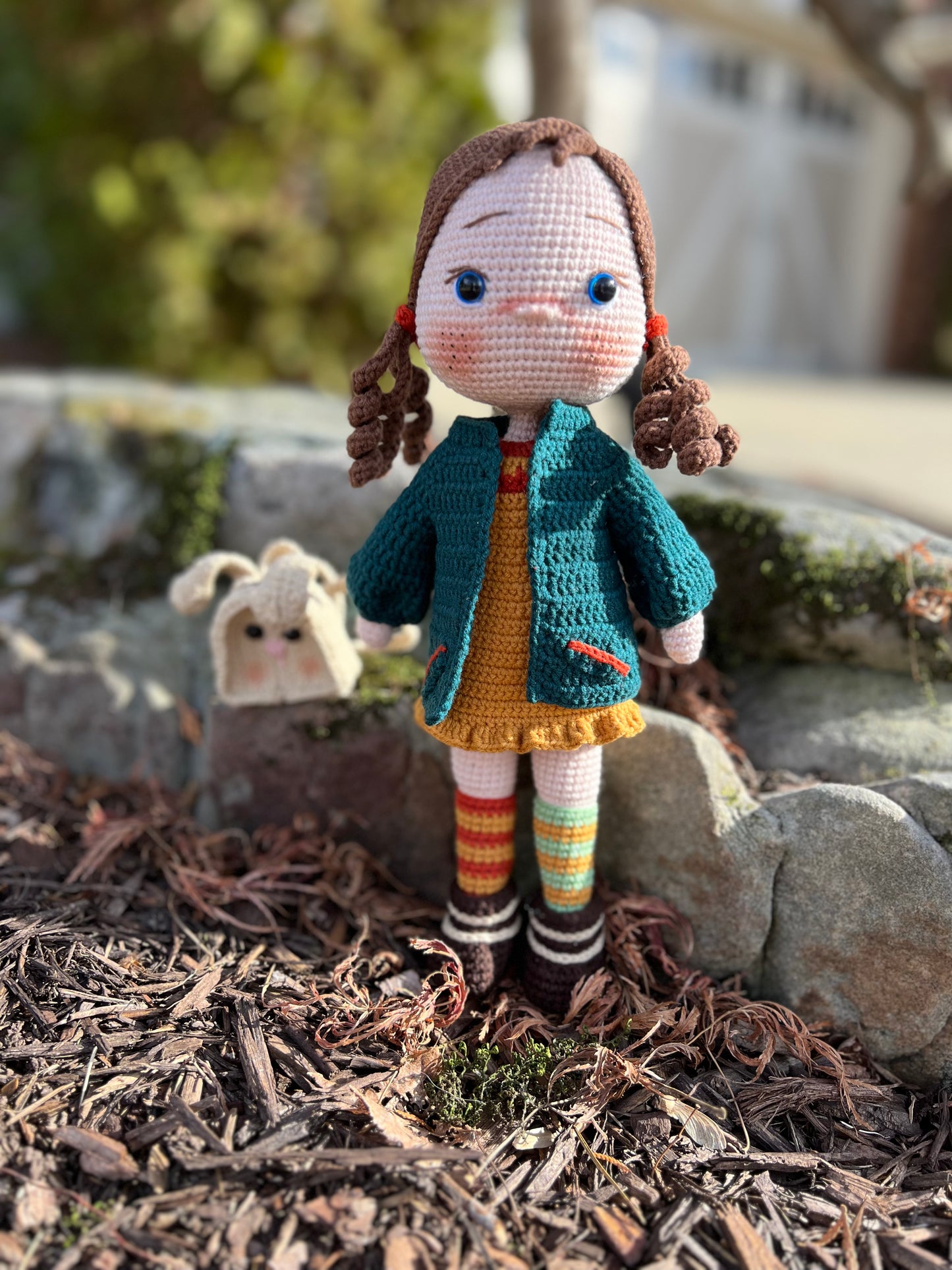 Crocheted Girl with Bunny Backpack, Readymade Amigurumi Doll, Handcrafted, Kids Gifts, Artisan Doll, Limited Edition Baby Dolls, Collectible Handmade
