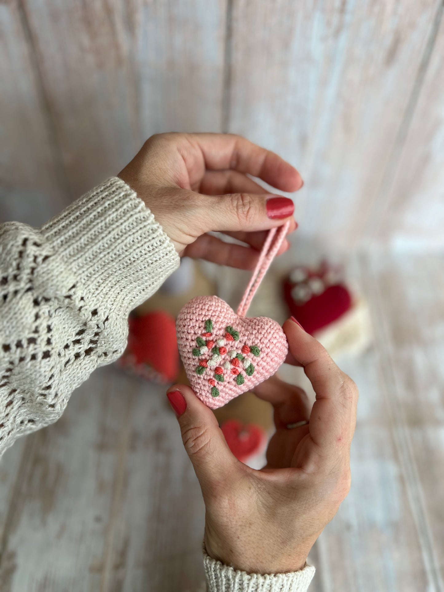 Handmade Embroidered Crochet Heart Decor, Hangable Hearts, Floral Plush Hearts, Valentines Gift Idea, Unique Handmade Gift, Readymade