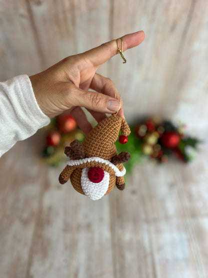 Christmas Gnome Ornament, Handmade Crochet Gnome Ornament with Festive Reindeer Hat, Christmas Ornament - Festive Gnome Decor, Gnome Christmas Tree Ornament - Handmade Gnome Charm, Perfect for Gnome Lovers, Christmas Reindeer Hat