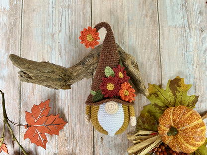 Harvest the Fall Gnome with Brown Hat and Flowers, Handmade Fall Decor, Ready Made, Unique Fall Gnome