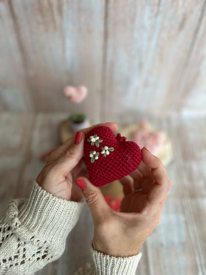 Handmade Embroidered Crochet Heart Decor, Hangable Hearts, Floral Plush Hearts, Valentines Gift Idea, Unique Handmade Gift, Readymade