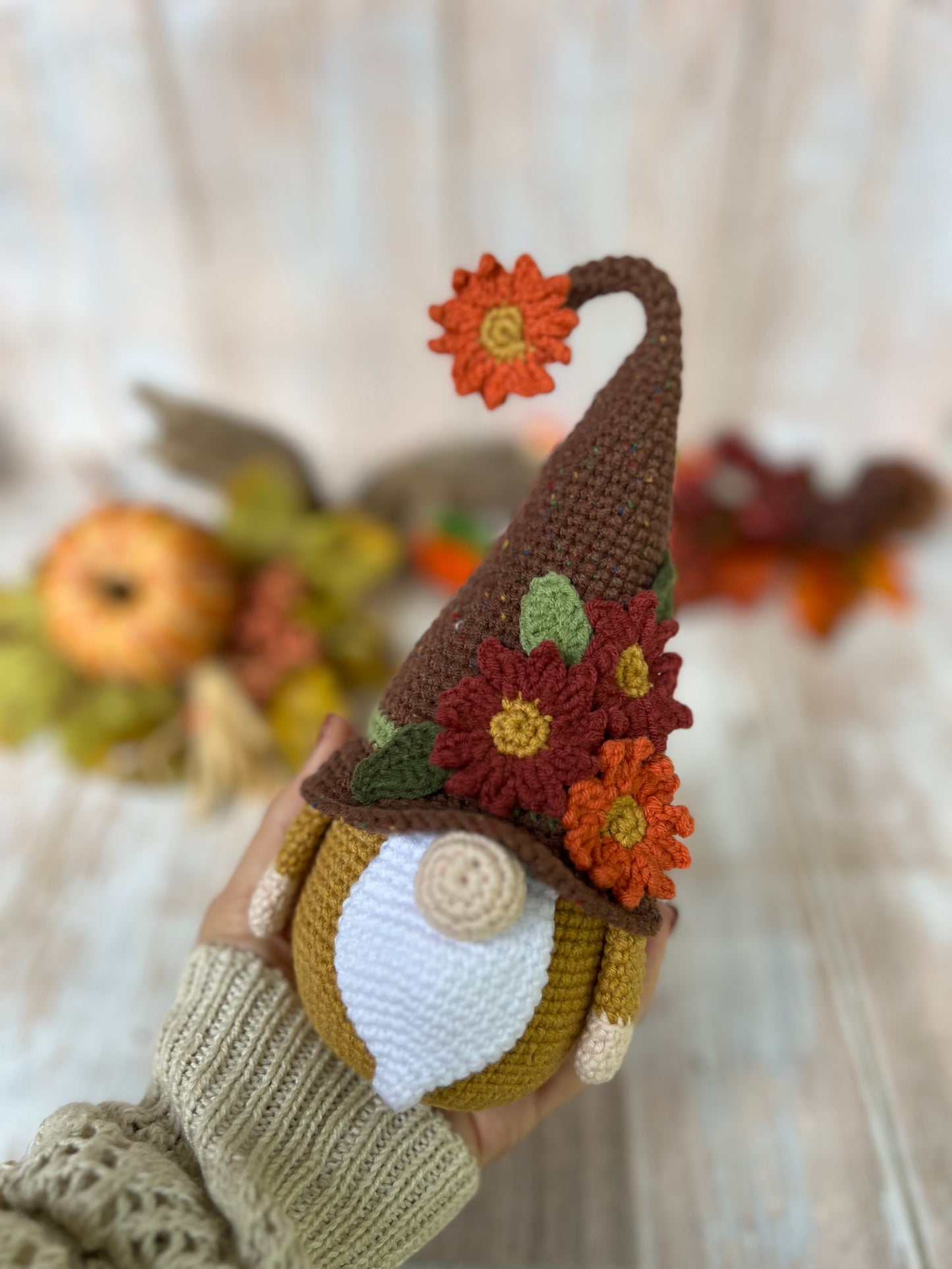 Harvest the Fall Gnome with Brown Hat and Flowers, Handmade Fall Decor, Ready Made, Unique Fall Gnome