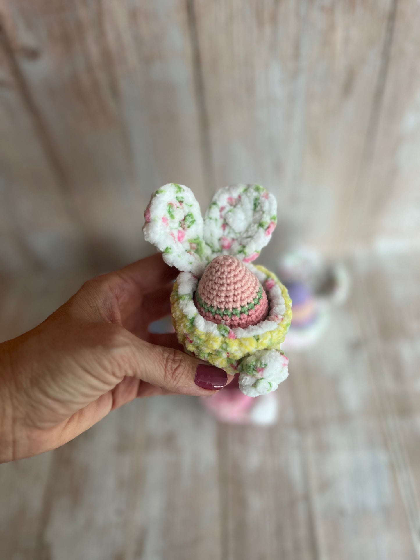 Crocheted Easter Bunny Egg Holder, Handmade Plush Bunny Egg Holder – Soft Easter Decoration with Pom-Pom Tail, Unique, Handmade, Readymade