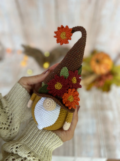 Harvest the Fall Gnome with Brown Hat and Flowers, Handmade Fall Decor, Ready Made, Unique Fall Gnome