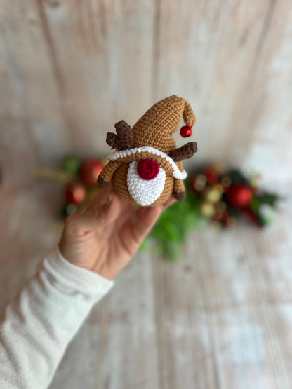 Christmas Gnome Ornament, Handmade Crochet Gnome Ornament with Festive Reindeer Hat, Christmas Ornament - Festive Gnome Decor, Gnome Christmas Tree Ornament - Handmade Gnome Charm, Perfect for Gnome Lovers, Christmas Reindeer Hat