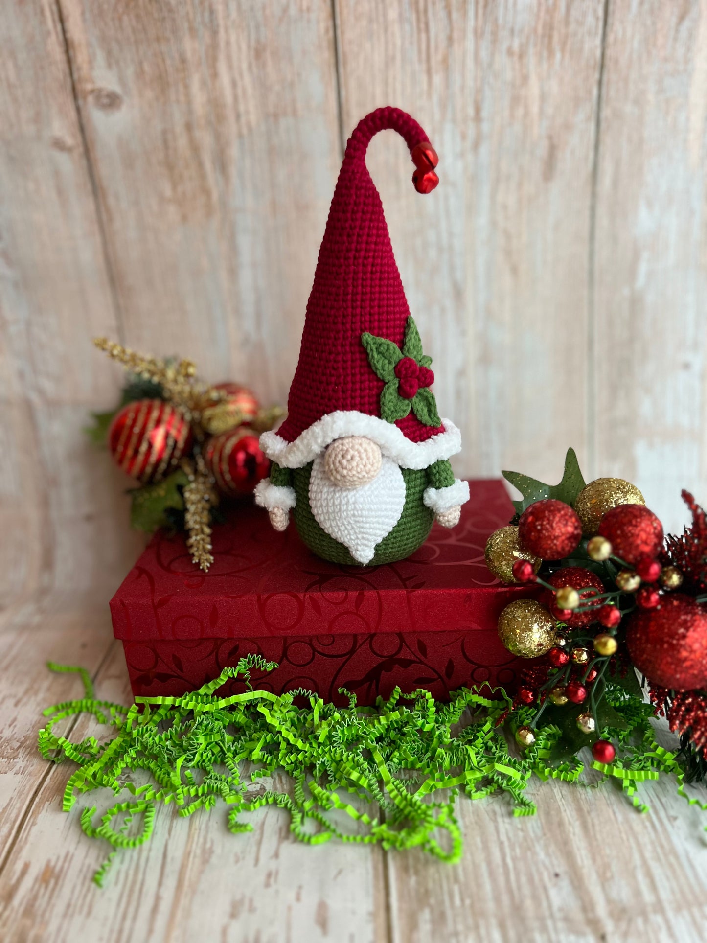 Christmas Gnome,Handmade Christmas Gnome with Holly Accent, Unique Christmas Gnome, Christmas Decor, Hand Crafted, Adorable Crochet Christmas Gnome for Festive Decor