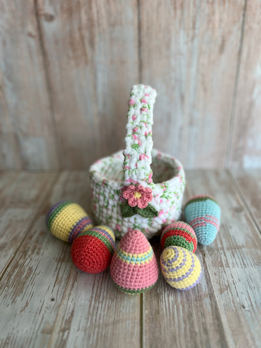 Handmade Floral Easter Basket – Soft Plush Crochet with Handle, Handmade Plush Easter Basket, Soft Easter Decoration,